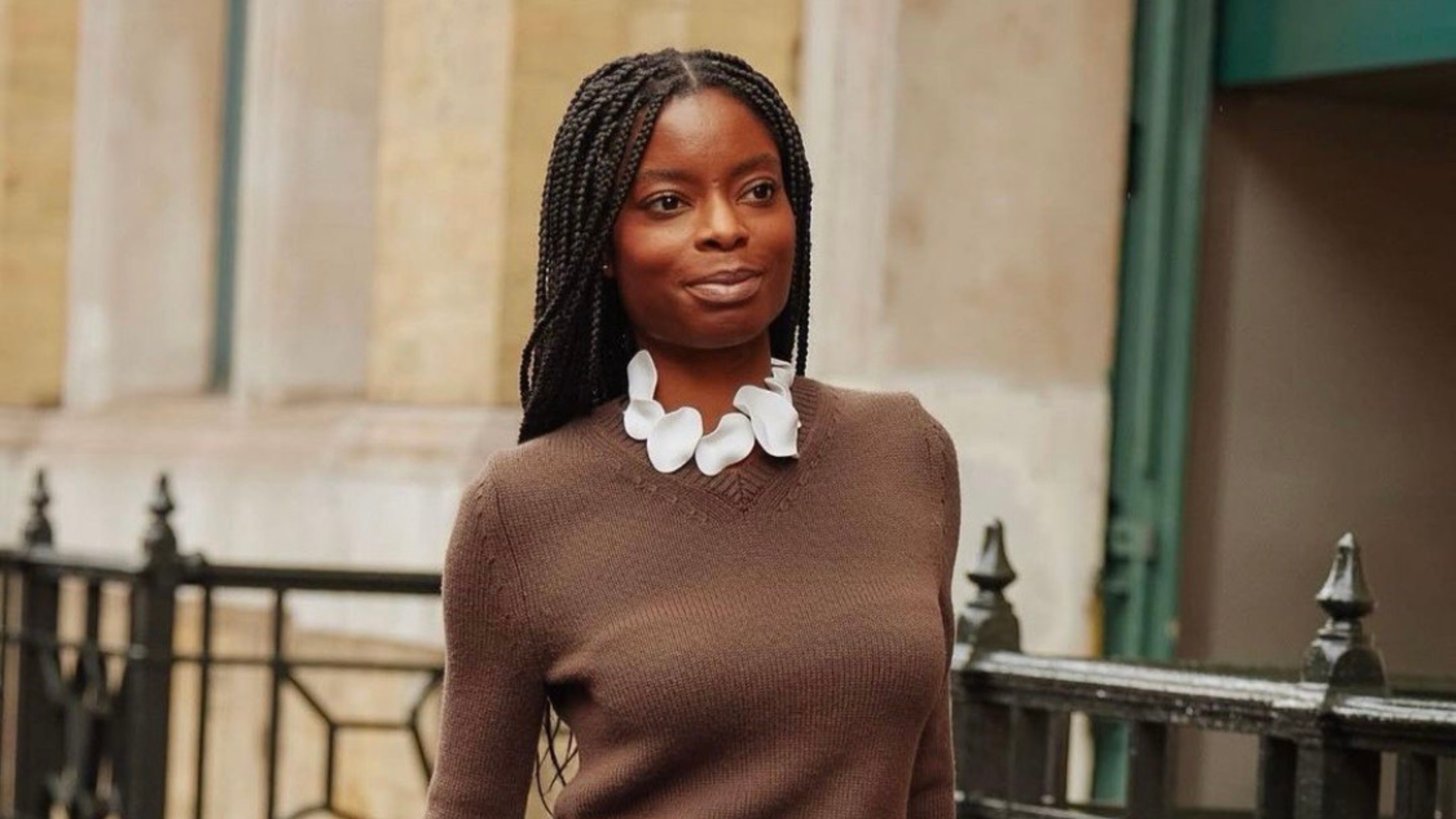 otegha uwagba wears sculptural white choker necklace.